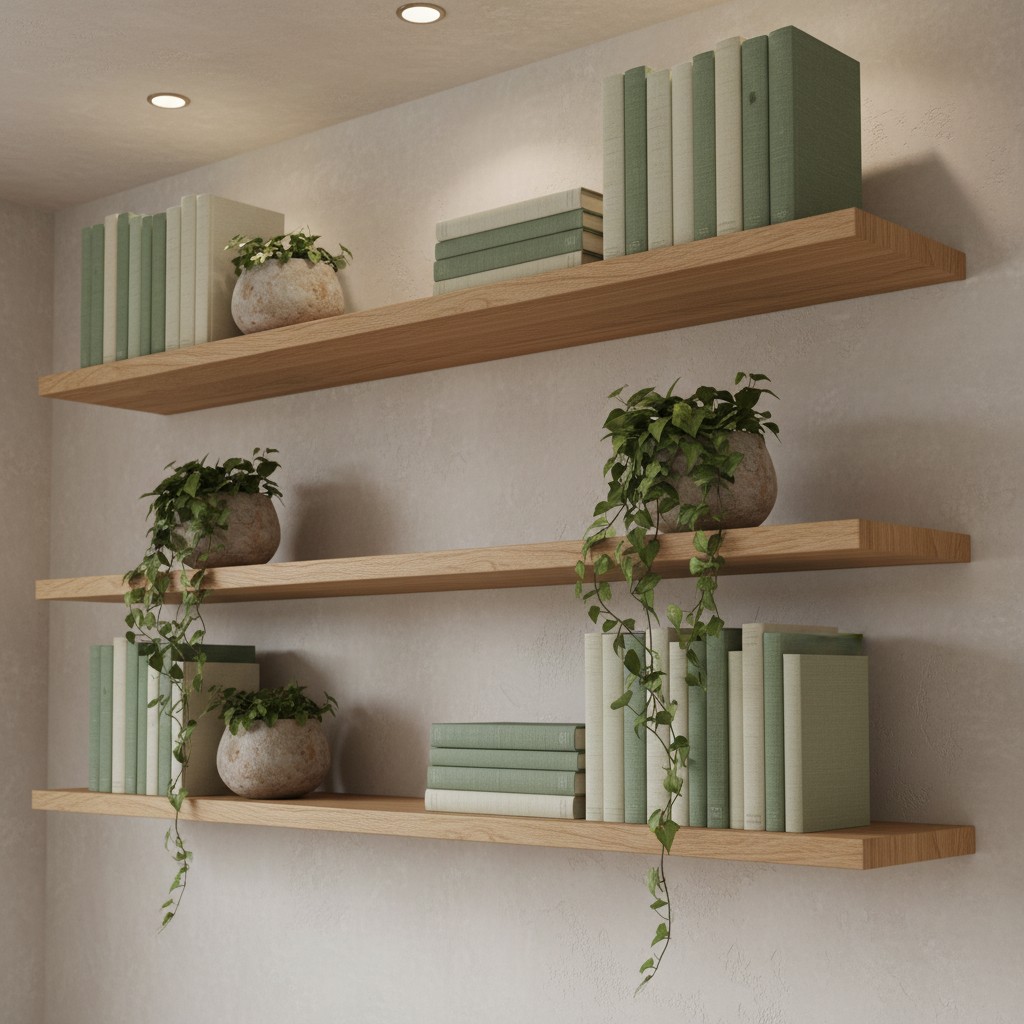 A well-organized wall featuring three light-colored wooden shelves, each with a depth of approximately 4-6 inches. The she...